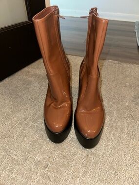 Gianni Bini Tan Patent Platform Ankle Boots